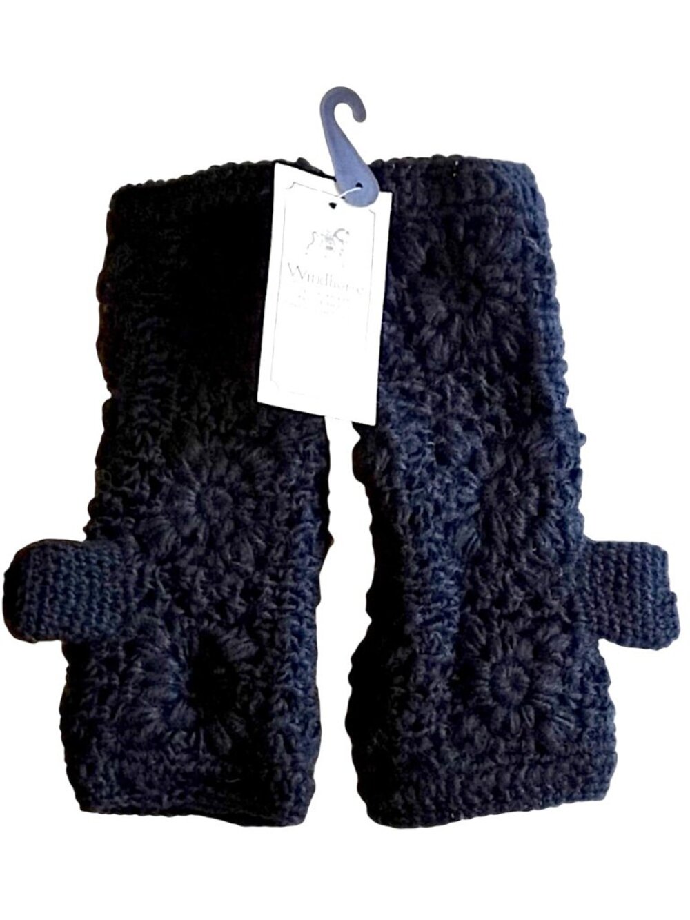 NWT Windhorse Nepal Floral Crochet Handwarmer Fingerless Gloves Lined Black